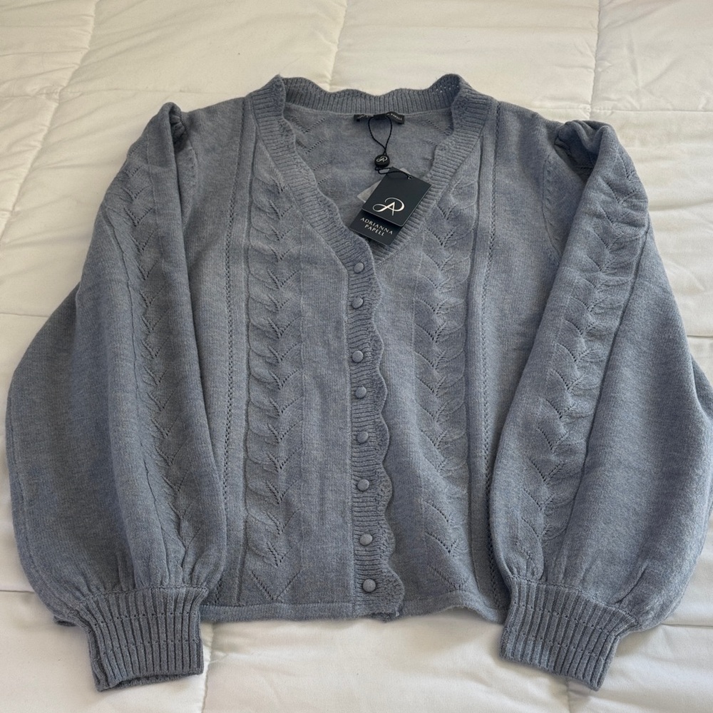 NWT Adrianna Papell Dusty Blue Pointelle Long Sleeve V-Neck Cardigan Sweater